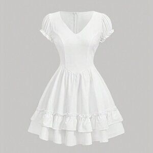 SHEIN Mod White V-Neck Ruffle Trim Detail A-Line Dress in Size Large 8/10